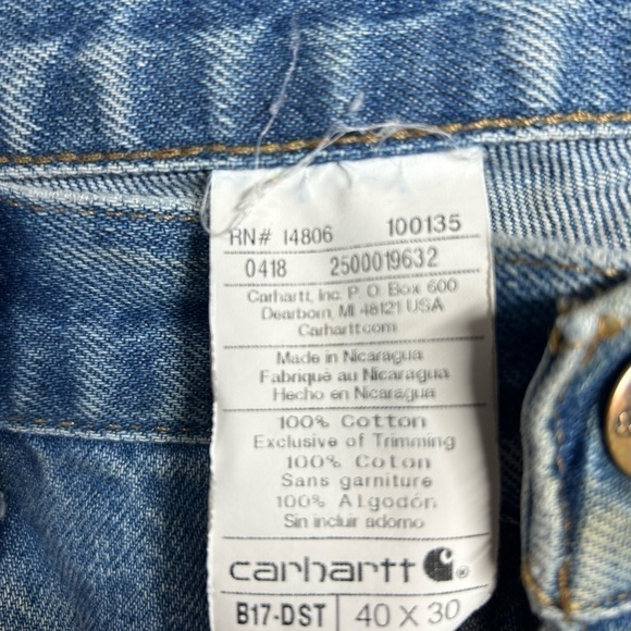 Carhartt Jeans Mens 40 x 30 Relaxed Fit Work Utility Style B17 DST Rugged Holes - Picture 2 of 6